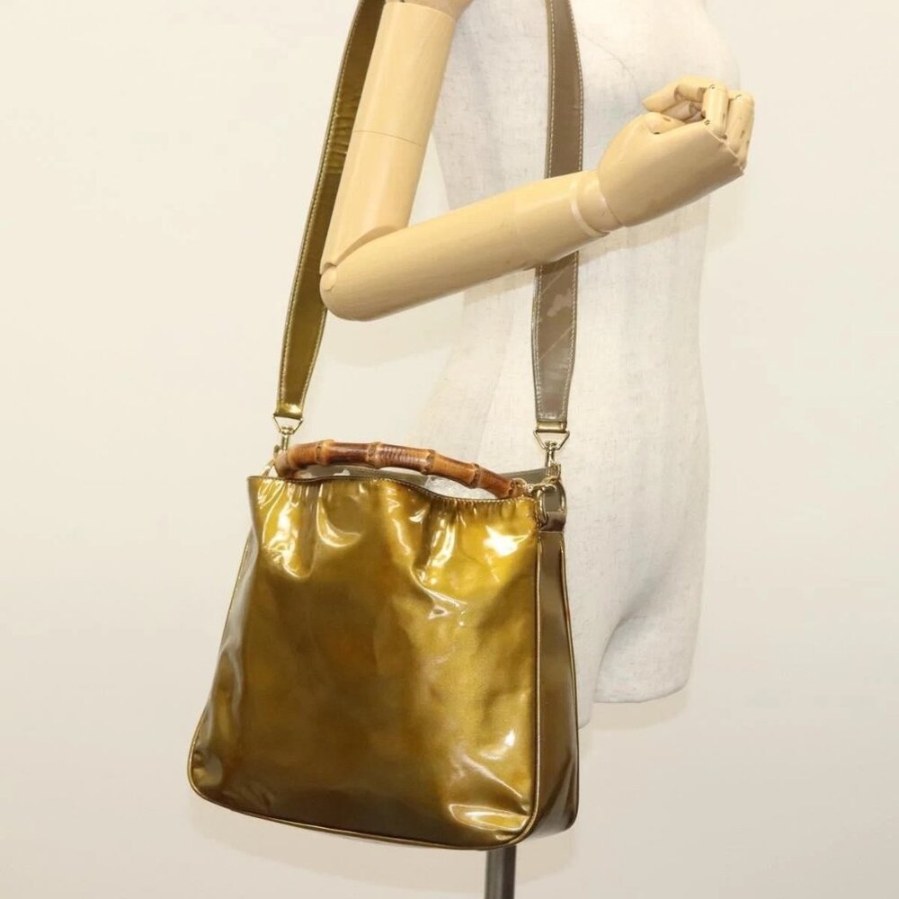 GUCCI Bamboo Hand Bag Patent leather 2way Beige Gold 001 1014 1638 0 Auth BA4761 - Picture 15 of 16